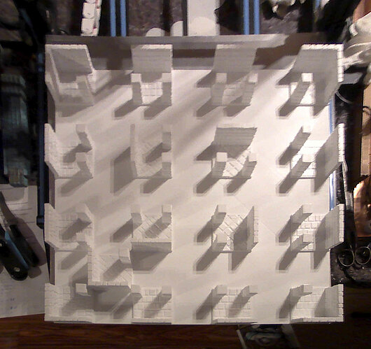 Game board 3D print made of white plastic from above, lens distortion compensated