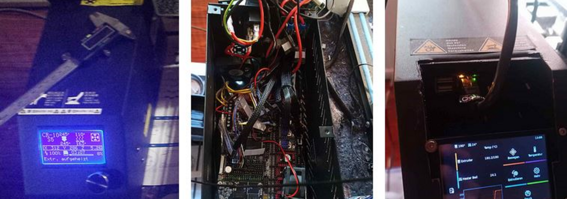 Three pictures of the hardware case of my CR-10-S5, on the left with the old display and rotary knob, in the middle the open case with the new, already wired mainboard, and on the right the closed, converted case with an RGB touch screen.