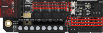 Section of the M8P showing the jumper assignments for the connectors VF0 to VF3 and FAN4 to FAN6, upper row 5 V, middle 12 V and lower 24 V.