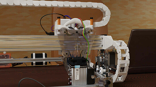 Digitally drawn image of the laser carriage including laser and new wheel suspension with spring system