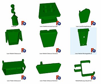 Pictorial representation of the design files for buttons, cable strain relief, power supply clamp, power supply housing, driver housing, mounting plate and mounting bracket